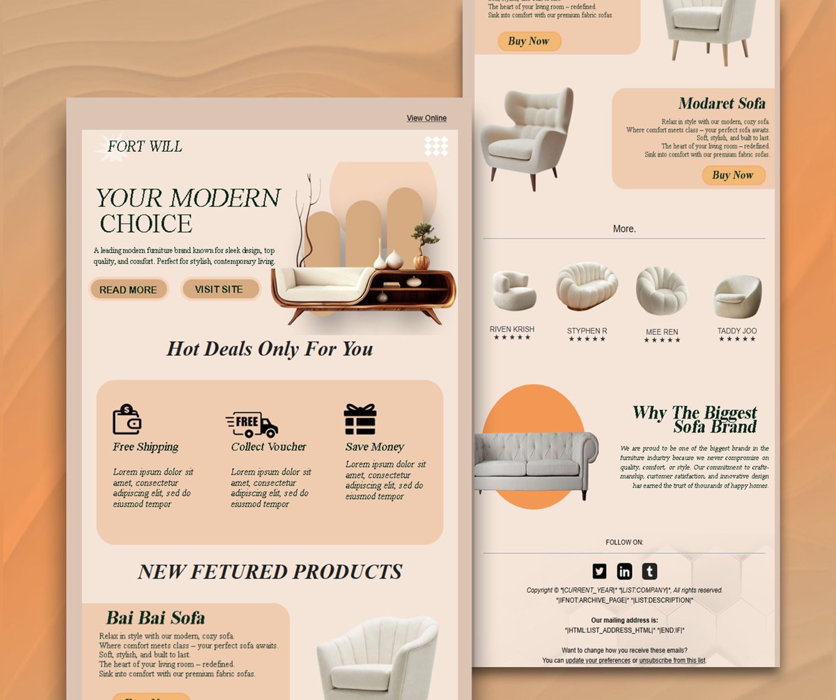 F_Nadrin's tweet image. Presenting the #MailchimpTemplateDesign – “#Fort will” Series, #designed for #CharmingFurniture collections.
#furnituredesigner #comfortablefashion #furniturepalembang #livingroomfurniture #furniturekemang #emailmarketing #emailcampaign