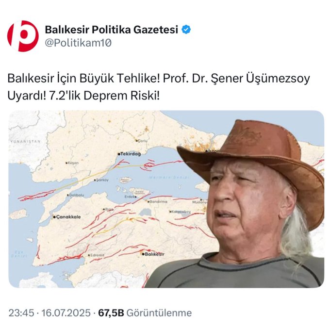kultiginmedya's tweet photo. Türkçü olduğu için umursanmayan Prof. Dr. Şener Üşümezsoy'un 25 gün önce Balıkesir Depremi hakkında bir yerel gazeteye uyarılarda bulunduğu ortaya çıktı! https://t.co/Q1csIVBKfW