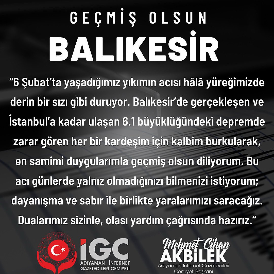 Dularımız sizinle Balıkesir..
#GeçmişOlsunBalıkesir
#BirlikteGüçlüyüz
#Dayanışma
#Yanındayız
#dualarımızsizinle