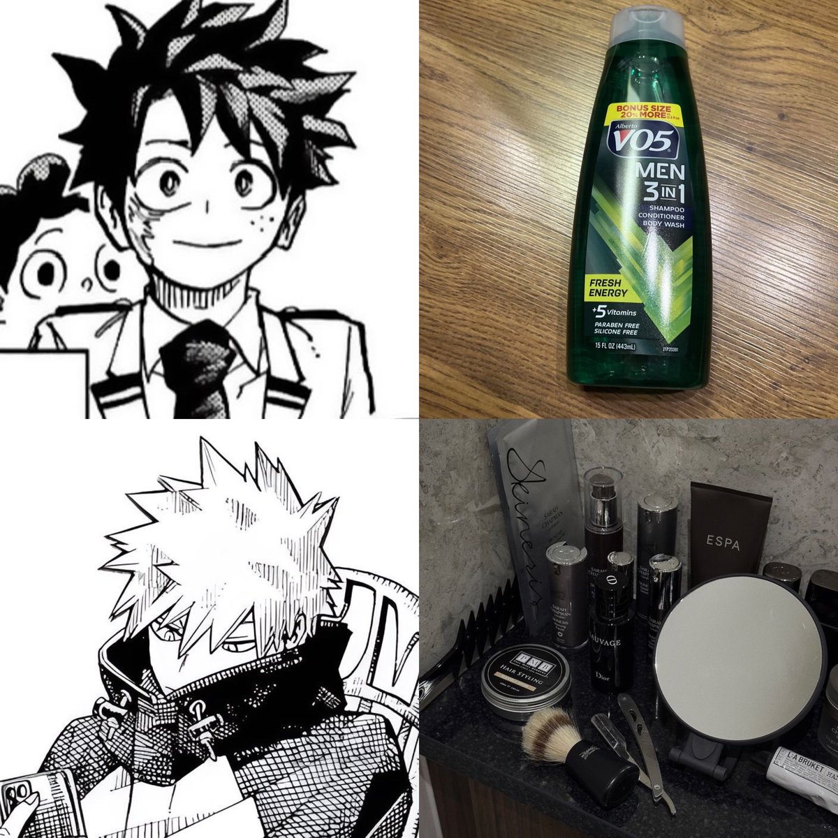 데쿠 : 올인원 / 캇 : 스킨케어 풀코스 라고 캐해했는데 공식으로 바쿠고는 물세안만 하고 캄날피셜 엄마 닮아서 피부 좋은게 타고 났다고 함 뭐 이런 은교여시같은 설정이