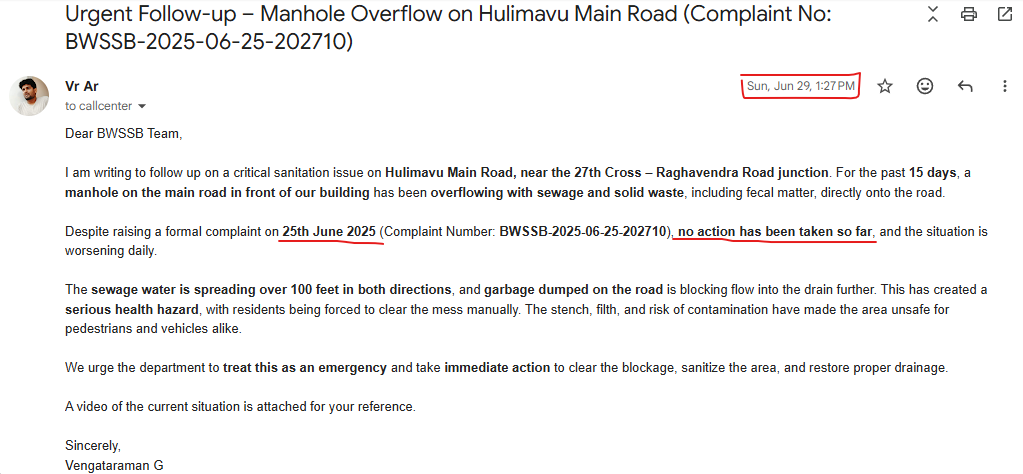 ar_gvr's tweet photo. Despite repeated follow-ups, no action was taken.
Major road, constant sewage stench, unsafe for the public.
📎 Attaching today’s video &amp; earlier complaint mail screenshot. https://t.co/Nd90nTXidk