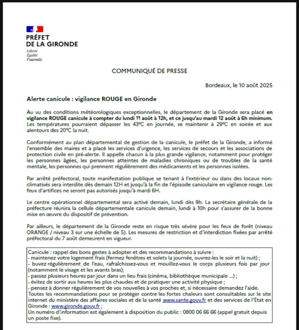 #canicule 🔴| Le département de la #Gironde sera placé en vigilance rouge à compter de demain 12h. Suivez l'évolution de la situation sur meteofrance.com 
Plus d'infos ⤵️