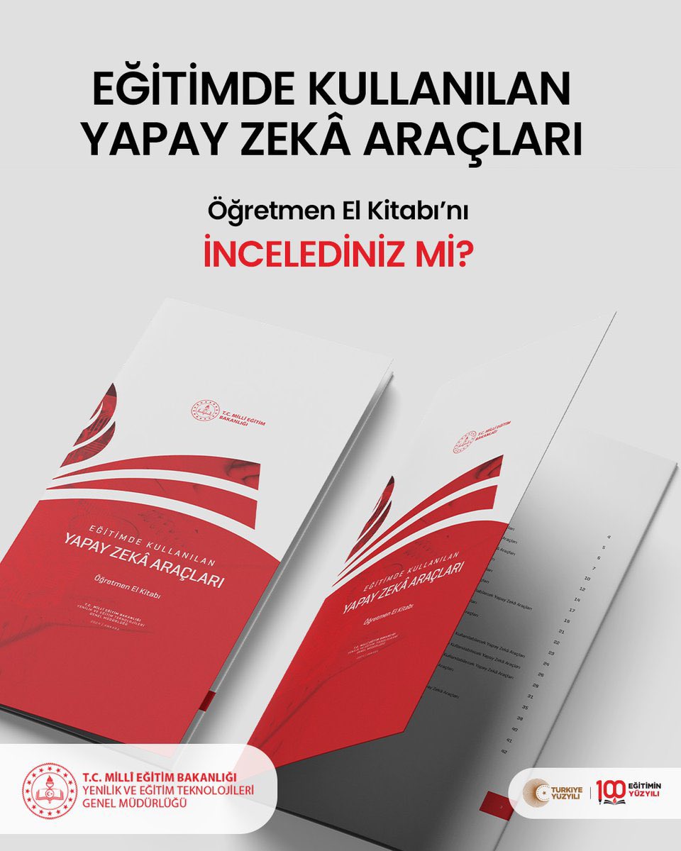 Eğitimde Kullanılan Yapay Zekâ Araçları Öğretmen El Kitabı’nı incelediniz mi? 

🔹 Öğretmenler için pratik yapay zekâ araçları
🔹 Sınıf içi kullanım örnekleri
🔹 Etik kullanım ipuçları
🔹 Etkili prompt (yönlendirme) teknikleri

📥Kitaba ulaşmak için meb.ai/U3XcD6O