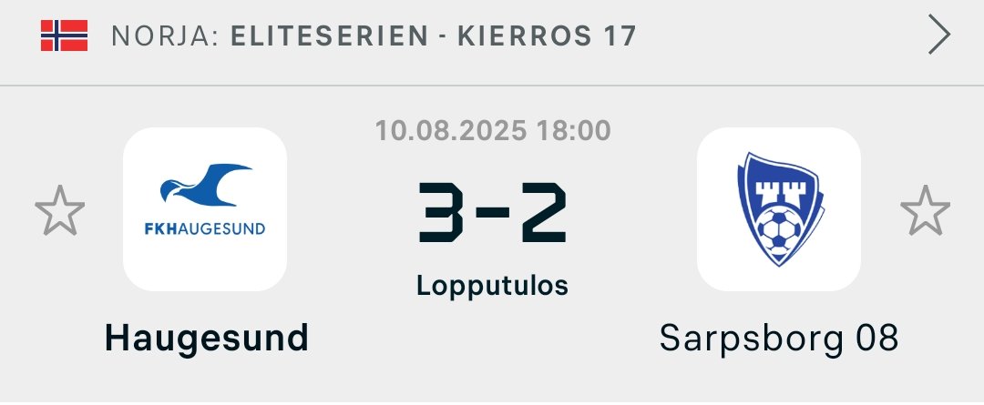 Toni Korkeakunnaksen Haugesundille kauden avausvoitto. Suomalaiskolmikosta Hannola &amp; Hämäläinen avauksessa, Koskelalle vartti lopusta.
