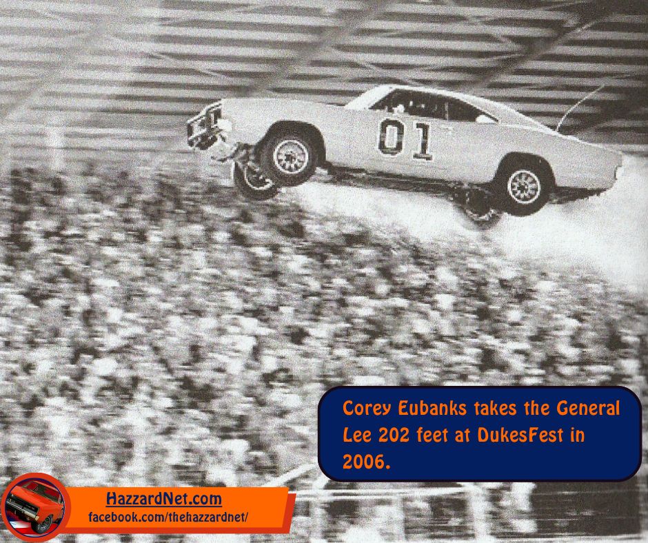 hazzardnet's tweet photo. Corey Eubanks flew the General Lee 202 feet at Dukesfest in 2006. Were you there? #dukesofhazzard #generallee #coreyeubanks #stunt https://t.co/IeIsRyNCb1