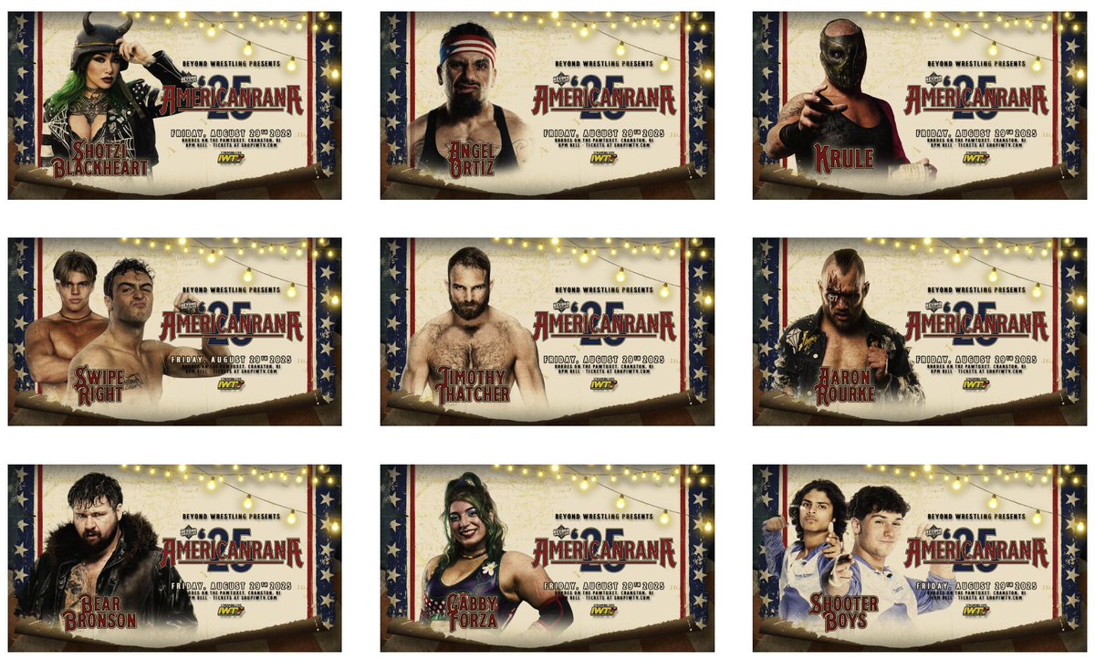 Beyond Wrestling (@beyondwrestling) on Twitter photo The mini-site is live for #Americanrana '25 on Friday, 8/29 in Cranston, RI:
beyondwrestlingonline.com/americanrana
- <a href="/BryceDShook/">Bryce Donovan</a> vs. <a href="/TheBobbyOrlando/">Bobby Orlando</a>
- <a href="/MarcusMathers1/">Marcus Mathers | マーカス・マザーズ</a> vs. <a href="/TheMattCardona/">Matt Cardona</a>
- <a href="/callmekrisstat/">Kris Statlander</a> vs. <a href="/liviyahpw/">LIVIYAH</a>
- <a href="/ItsDustinWaller/">𝐃𝐮𝐬𝐭𝐢𝐧 '𝐅𝐥𝐚𝐬𝐡' 𝐖𝐚𝐥𝐥𝐞𝐫</a> & <a href="/LittleKylon/">👑Kylon👑</a> vs. <a href="/numberone_dojo/">Ichiban</a> <a href="/YoungGlory__/">Brando Lee</a> The mini-site is live for #Americanrana '25 on Friday, 8/29 in Cranston, RI:
beyondwrestlingonline.com/americanrana
- <a href="/BryceDShook/">Bryce Donovan</a> vs. <a href="/TheBobbyOrlando/">Bobby Orlando</a>
- <a href="/MarcusMathers1/">Marcus Mathers | マーカス・マザーズ</a> vs. <a href="/TheMattCardona/">Matt Cardona</a>
- <a href="/callmekrisstat/">Kris Statlander</a> vs. <a href="/liviyahpw/">LIVIYAH</a>
- <a href="/ItsDustinWaller/">𝐃𝐮𝐬𝐭𝐢𝐧 '𝐅𝐥𝐚𝐬𝐡' 𝐖𝐚𝐥𝐥𝐞𝐫</a> & <a href="/LittleKylon/">👑Kylon👑</a> vs. <a href="/numberone_dojo/">Ichiban</a> <a href="/YoungGlory__/">Brando Lee</a>