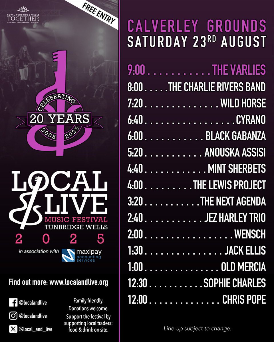 Local_and_Live's tweet photo. It’s the 20th LOCAL &amp; LIVE MUSIC FESTIVAL! bank holiday weekend August 22nd-25th close to 100 acts performing Here are the line ups for day 2 on Sat 23rd August. https://t.co/6T4pqQi6Bv  #localandlive @TWellsCouncil @rtwtogether @tw_events @TWellsTourism @My_T_Wells @KSCourier https://t.co/SE2PCZJ6AF