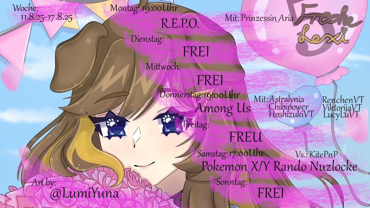 Lexi 🍌🐶 VTuber DoKoMi 2025 (@frechelexi) on Twitter photo 🍌🐶Der Streamplan für die neue Woche ist da, diesmal ist ein bisschen weniger los, aber viele tolle Spiele mit vielen tollen Leuten.🍌🐶 🍌🐶Der Streamplan für die neue Woche ist da, diesmal ist ein bisschen weniger los, aber viele tolle Spiele mit vielen tollen Leuten.🍌🐶