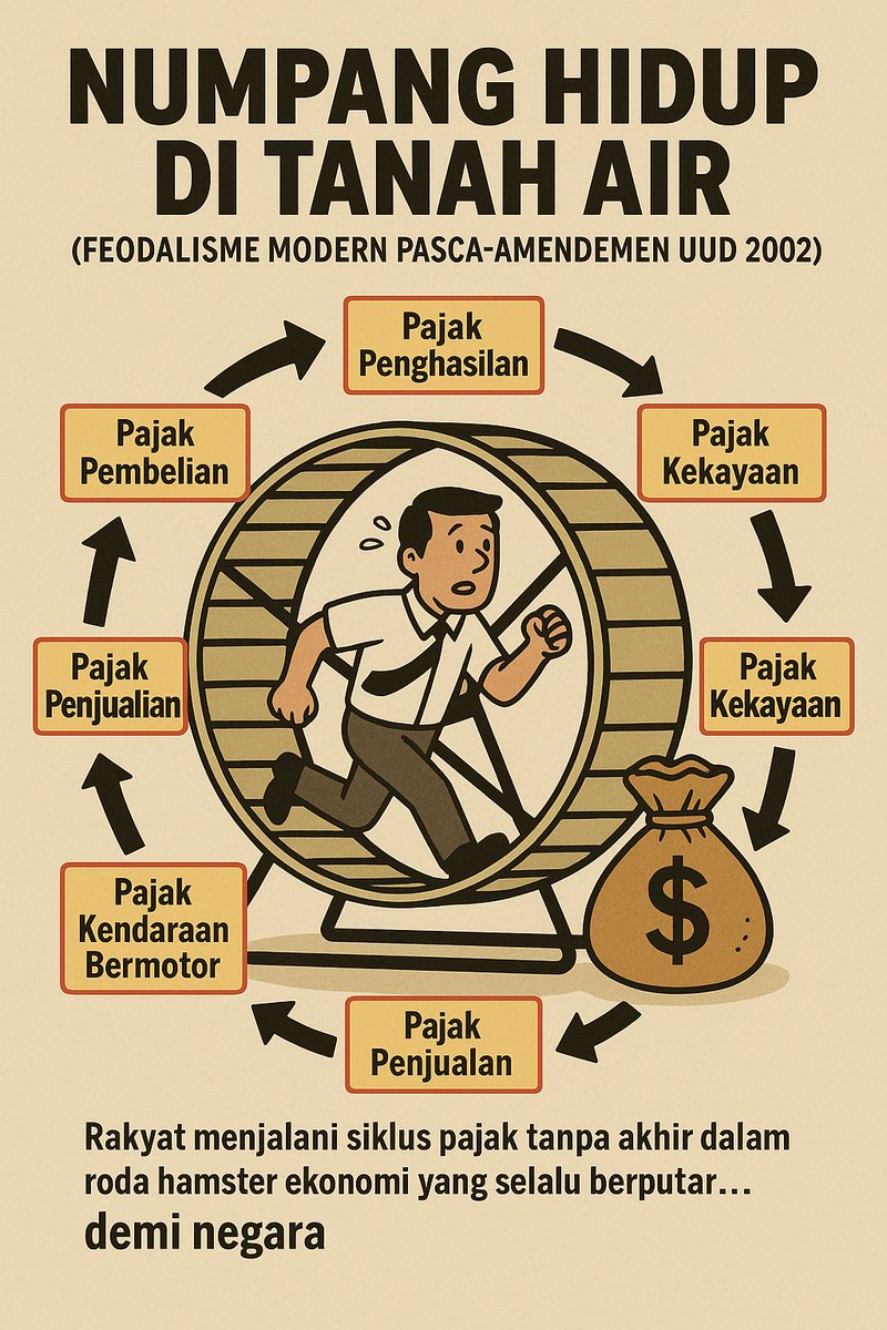 Model ekonomi “Numpang Hidup di Tanah Air” pasca-Amandemen UUD pesanan Amerika CS:

📜 Kitab Undang-Undang Numpang Hidup di Tanah Air
(Edisi Feodalisme Modern, pasca-UUD 2002)

Pasal 1:
Rakyat adalah penyewa sah tanah air, wajib membayar sewa dalam bentuk pajak, retribusi, dan
