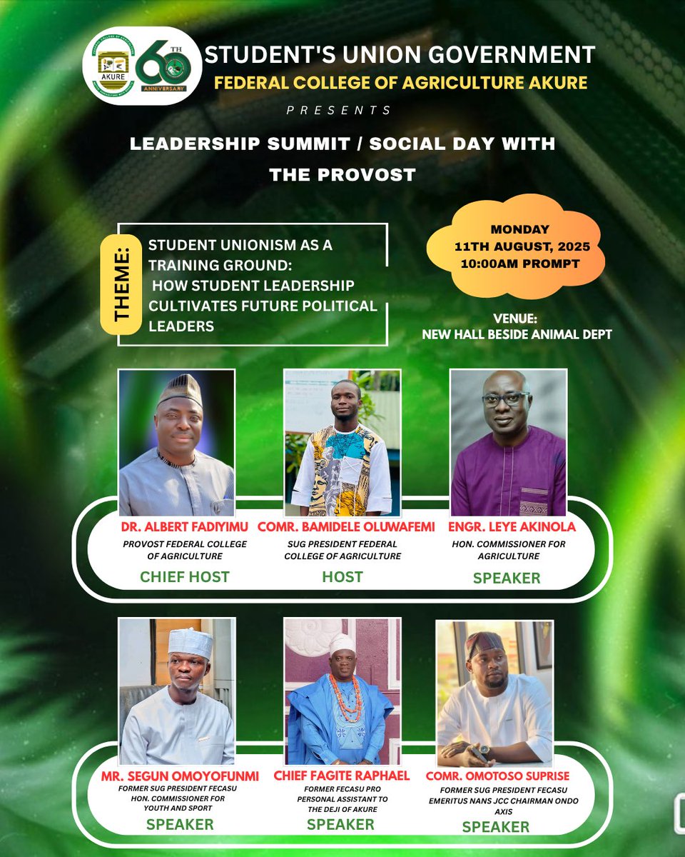 FECAAkureInfo's tweet photo. Get ready for an exciting day of leadership insights and interactions 🤩

Tomorrow marks the beginning of FYB Week, and we're kicking it off with a Leadership Summit and Social Day with our esteemed Provost, Dr. Albert Fadiyimu🎉

#SUGweek #FYB25 https://t.co/E2W91Jv2wq