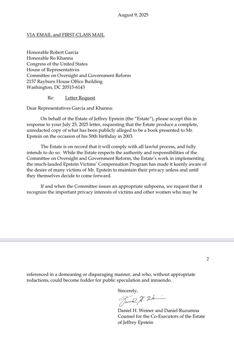 Rep. Ro Khanna (@reprokhanna) on Twitter photo I will now move to subpoena the Epstein “birthday book."
Epstein’s estate has indicated it will comply with a subpoena in response to my letter with <a href="/OversightDems/">Oversight Dems</a>.
We need this critical piece of evidence while protecting the privacy of the victims. I will now move to subpoena the Epstein “birthday book."
Epstein’s estate has indicated it will comply with a subpoena in response to my letter with <a href="/OversightDems/">Oversight Dems</a>.
We need this critical piece of evidence while protecting the privacy of the victims.