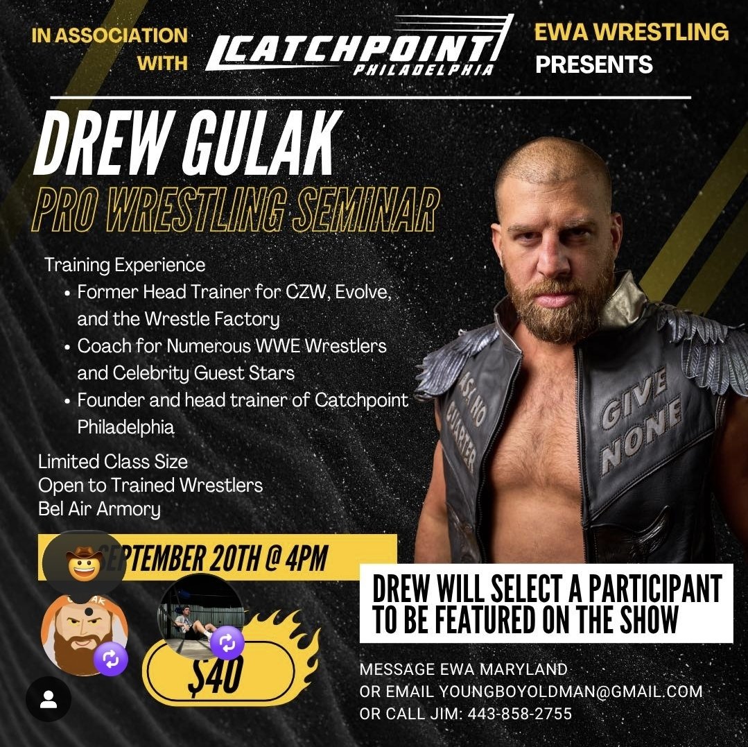 Drew Gulak (@drewgulak) on Twitter photo Years ago, I honed my craft in Maryland with EWA, launching me to some of wrestling’s biggest stages. This September, I’m thrilled to return—ready to inspire, guide, and share everything I’ve learned! Spots are limited, so grab yours now!
<a href="/EWAMDWrestling/">EWAmaryland</a> Years ago, I honed my craft in Maryland with EWA, launching me to some of wrestling’s biggest stages. This September, I’m thrilled to return—ready to inspire, guide, and share everything I’ve learned! Spots are limited, so grab yours now!
<a href="/EWAMDWrestling/">EWAmaryland</a>