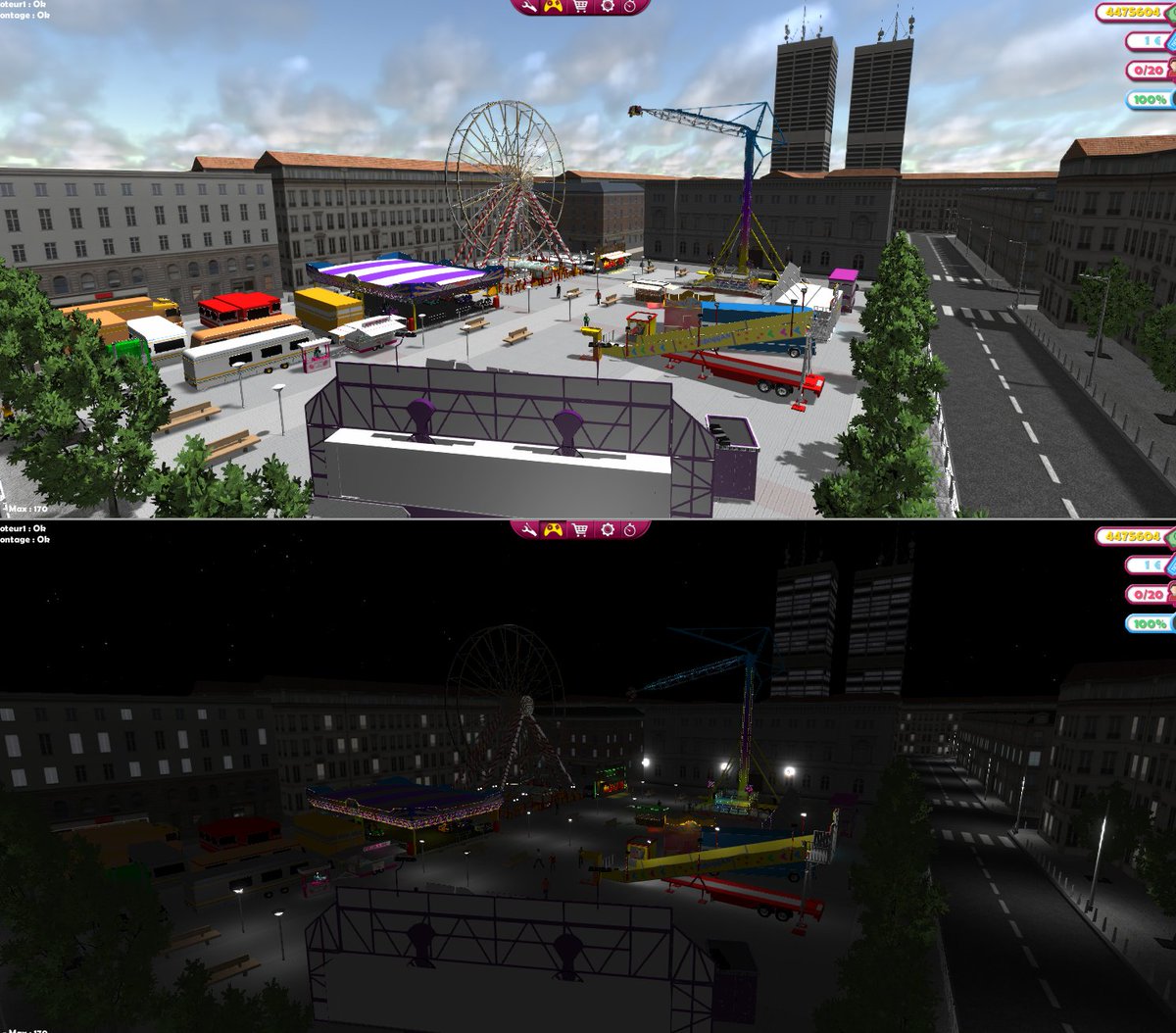 DigitalM_off's tweet photo. Et voilà la ville 3, avec la disposition définitive et performances situés entre ville 1 et ville 2, donc meilleures que la ville 2, il ne reste plus qu'à coder la grande roue 🚀#feteforaine #digitalmaterial #gamedev #news #ridecontrol https://t.co/dsrtERYFRv