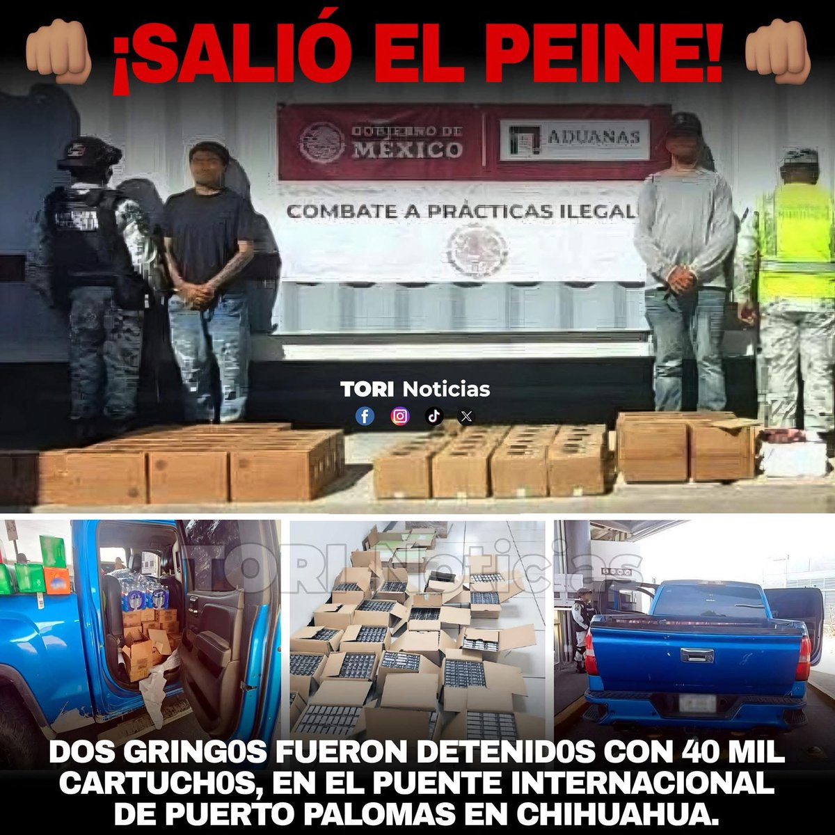 tori_noticias's tweet photo. ¡URGENTE! 🚨👊🏻💪🏽esto no le gustará a TRUMP

Agentes de la Guardia Nacional, detuvieron en el cruce fronterizo “Puerto Palomas”, Ascensión, Chihuahua, a dos ciudadanos estadounidenses que intentaban ingresar desde EE.UU a México, con 40 mil cartuch0s de uso exclusivo del Ejército. https://t.co/EhqwogXEJT