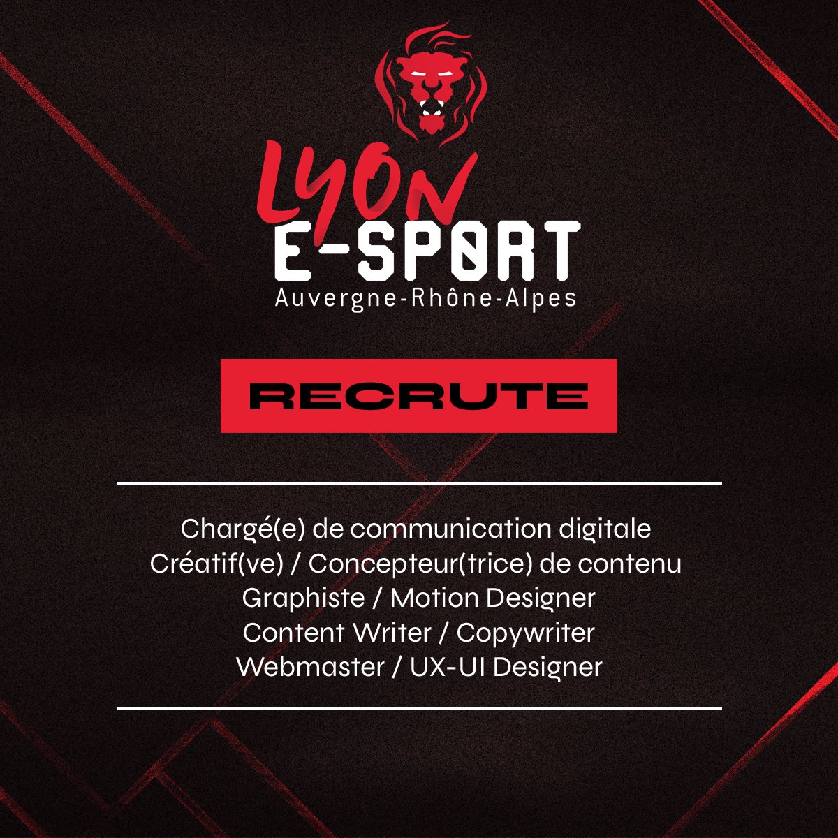 Nous recherchons plusieurs bénévoles pour renforcer notre équipe marketing.

Lyon e-Sport s’est construit sur l’énergie et la passion de ses bénévoles… et c’est grâce à vous qu’elle continue d’exister ! Rejoignez nous !

Voici le formulaire à remplir : forms.gle/Xw4xZFNta8w9L8…