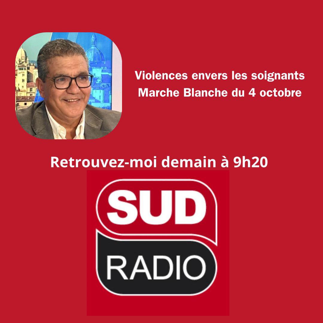 📻 Demain à 9h20, je serai en direct sur <a href="/SudRadio/">Sud Radio</a> Radio pour parler de deux sujets qui nous concernent tous :
🔴 La violence envers les #soignants, après l’agression d’une infirmière.
🔴 La manifestation du 4 octobre à Paris : toutes les blouses blanches unies pour la