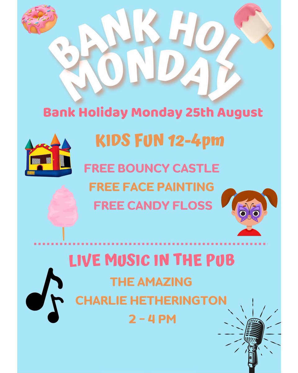 🌞 BANK HOLIDAY MONDAY - FREE FUN! 🌞 

For the kids 12-4pm: 
🏰 Free Bouncy Castle
🎨 Free Face Painting
🍭 Free Candy Floss
🍕 Make your Own Pizza

For the grown ups:
🎵 Live Music in the bar 2-4pm from the amazing Charlie Hetherington