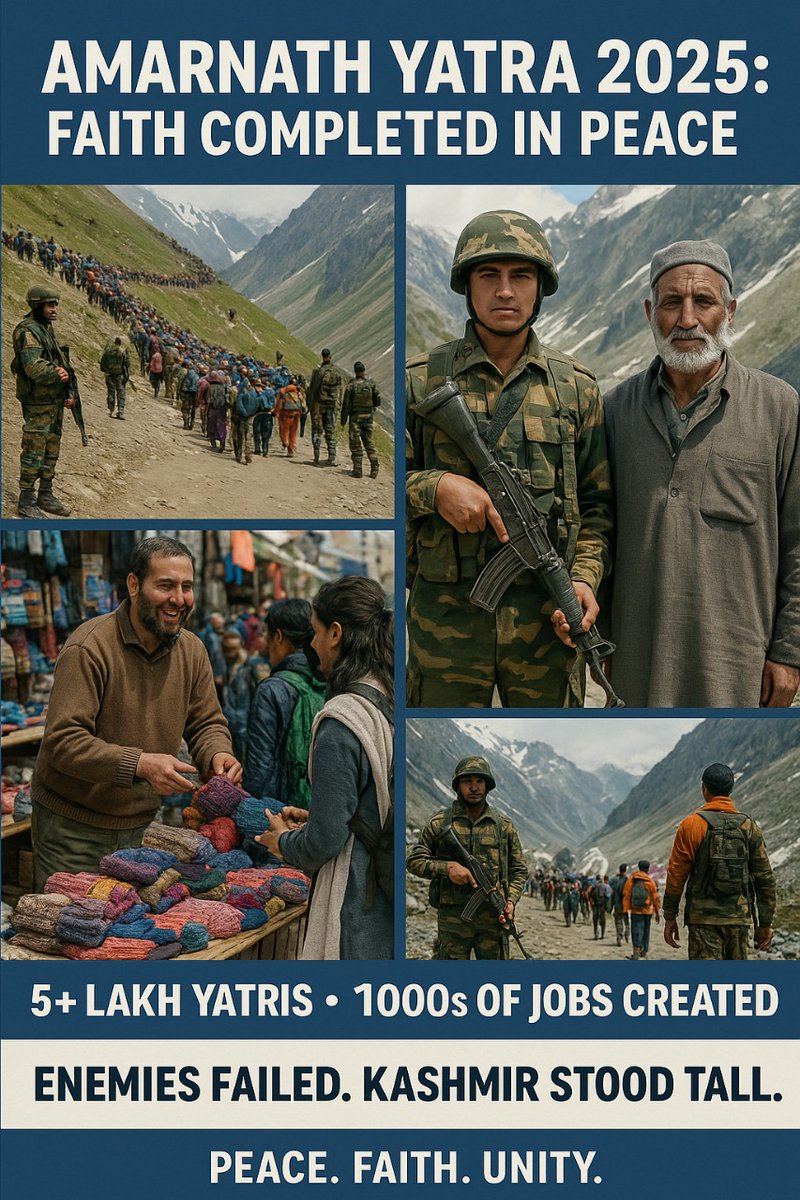 Ayishajaan51901's tweet image. 5 lakh se zyada bhakton ne Amarnath Yatra shanti se poori ki. Kashmir ke log aur fauj ek team ban gaye. #Pakistan , #terrorists  aur #OGWs sirf dekhte reh gaye.   #amarnathyatra2025  #NewKashmir #YatraWithUnity #PilgrimageOfPeace #ไทยกัมพูชา  #วอลเลย์บอลหญิงไทย