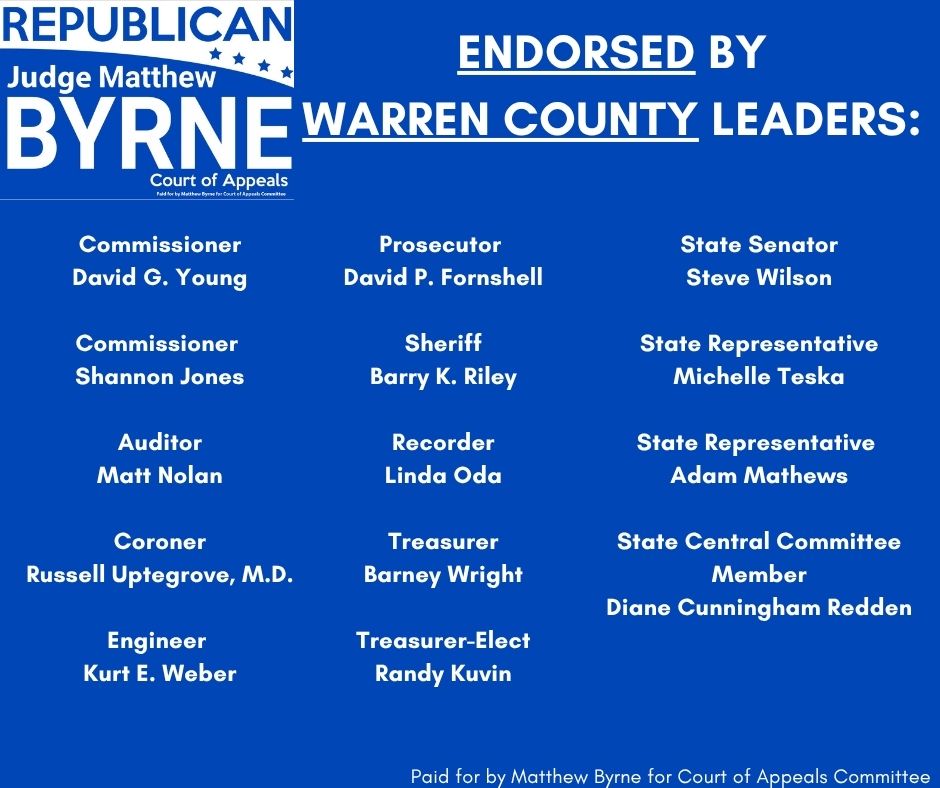 ByrneForJudge's tweet photo. I’m proud to have the support of so many Warren County leaders for reelection to the Twelfth District Court of Appeals! https://t.co/8tssHGNx6u