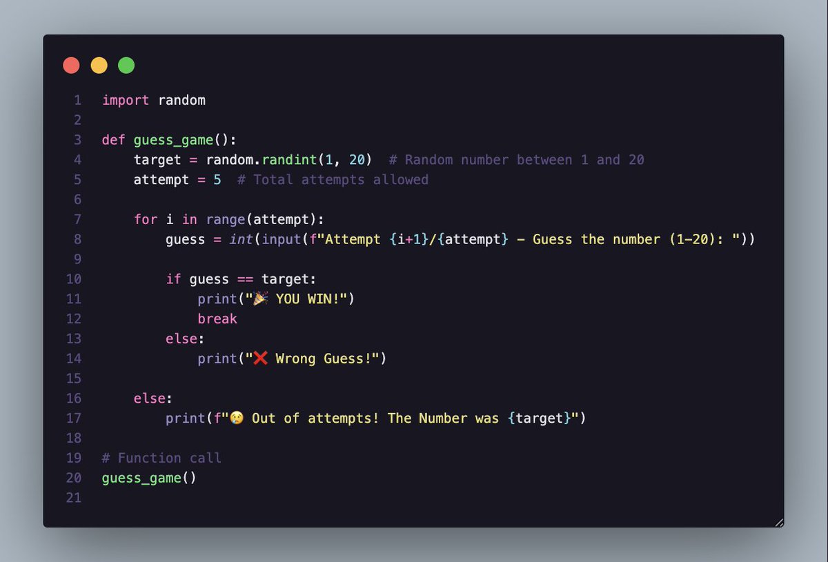_adityachauhan3's tweet photo. Upgraded my Number Guessing Game — now with limited attempts, better user feedback, and cleaner code using functions.
Every small improvement counts! 💻✨
#Python #100DaysOfCode #LearnToCode #CodeNewbie" https://t.co/aNPlZhIdpo