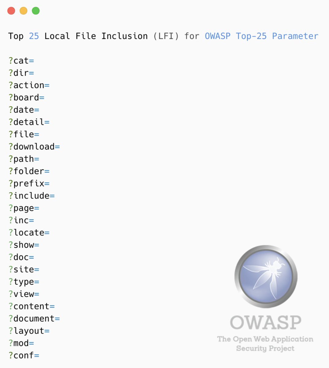 secsystemd's tweet photo. Top 25 Local File Inclusion (LFI) Parameters:
#cybersecurity #lfi #helpingbeginners #beginner #rfi https://t.co/FAFfINfLqM
