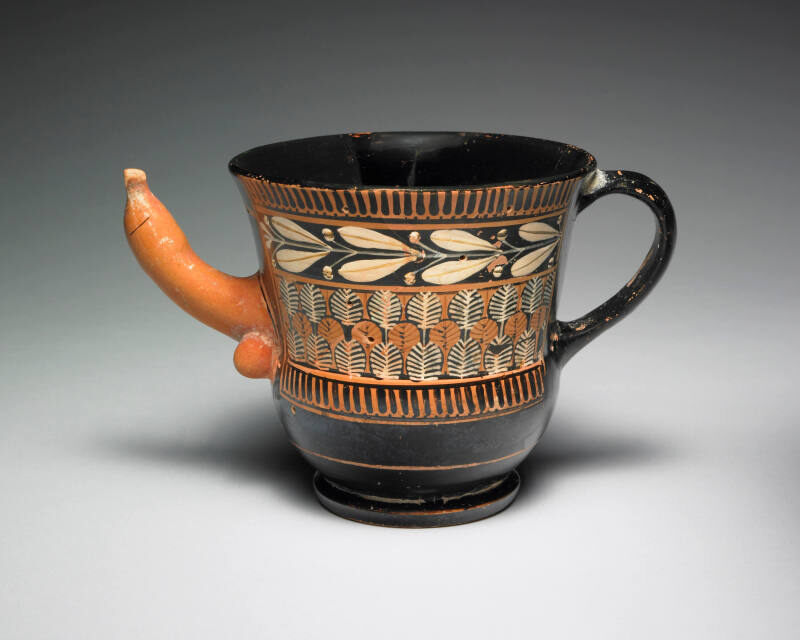 Terracotta red-figure kantharos with an applied spout modeled as a phallus; Greece, c. 470 BC; Collection: Michael C. Carlos Museum, Emory University.