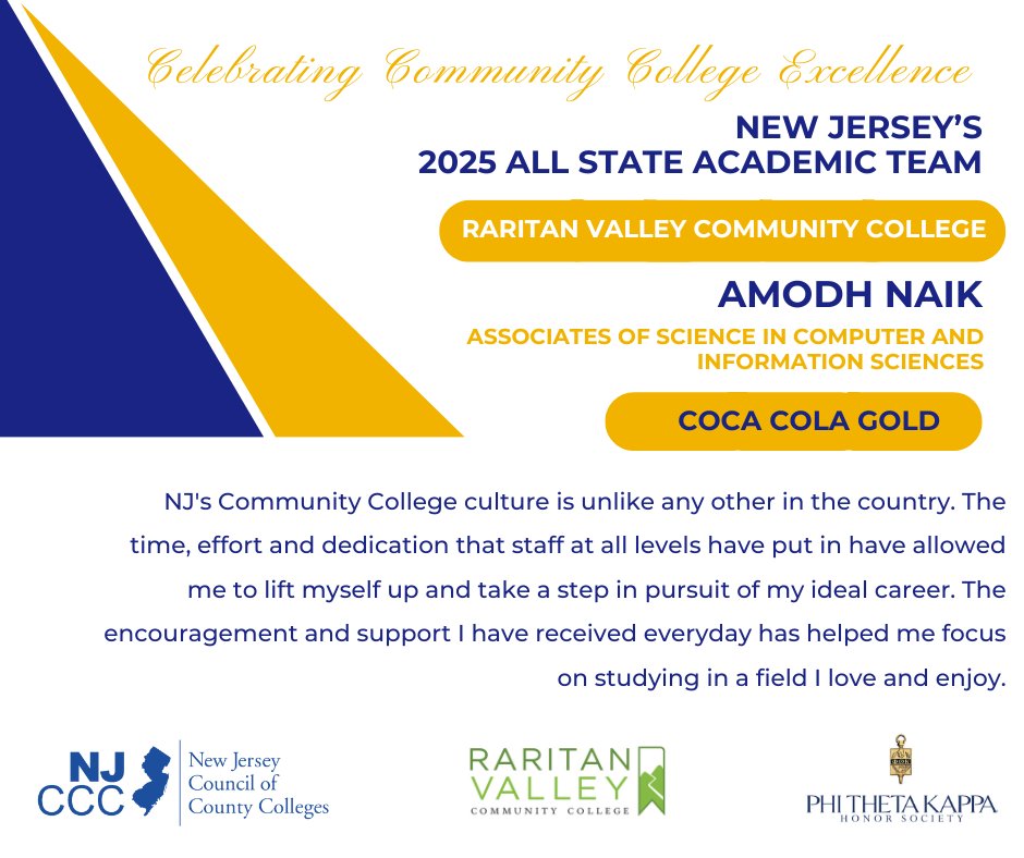 NJ's Community Colleges (@njcommcolleges) on Twitter photo Community colleges change lives — and students like Amodh Naik prove it. 
Congratulations to @RaritanValleyCC’s own on being named to the 2025 NJ All-State Academic Team! 
#NJAllStateAcademicTeam #IamPTK @phithetakappa Community colleges change lives — and students like Amodh Naik prove it. 
Congratulations to @RaritanValleyCC’s own on being named to the 2025 NJ All-State Academic Team! 
#NJAllStateAcademicTeam #IamPTK @phithetakappa