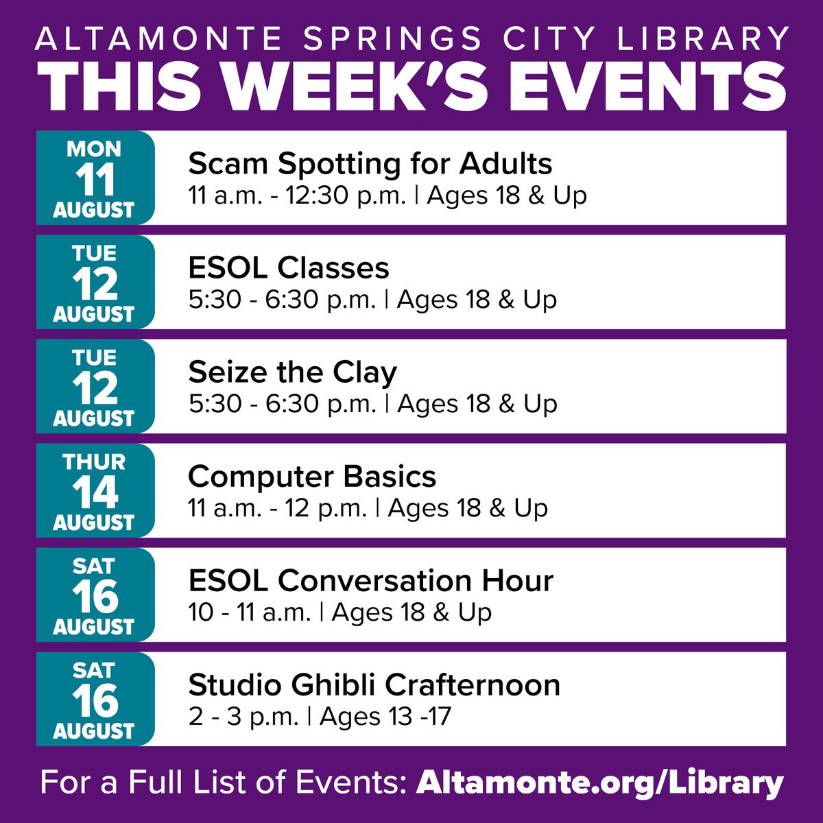 There’s something for everyone this week at the #CityLibrary 🎨💻 Spot scams before they spot you, get crafty with Studio Ghibli, build your computer skills, shape something cool with clay or sharpen your English. ow.ly/u1c950WCbB3 #LiveAltamonte #CommunityLearning