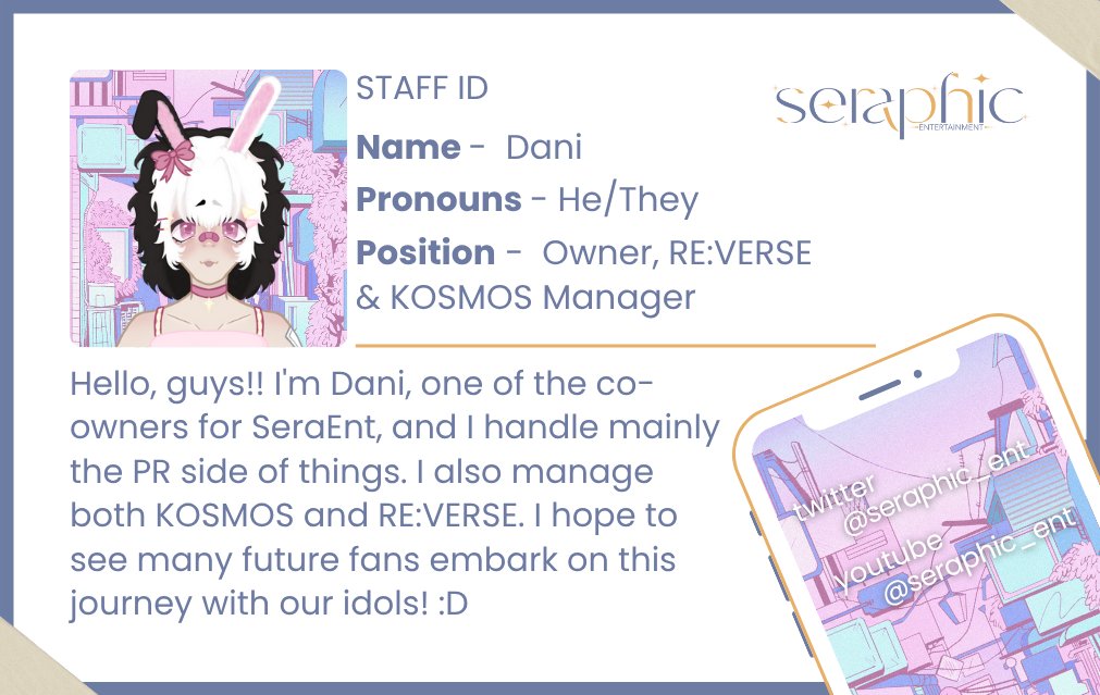 Seraphic_Ent's tweet photo. ๐ใ Staff Introduction ใ๐ชฝ
Time for another introduction! ๐ Say hello to another one of our amazing owners (who also happens to be a super cute bunny), Dani!
#SeraphicEntertainment #Intro #IdolAgency #VTuberAgency #VTuberUprising #SeraEnt https://t.co/QnYEIBicc7