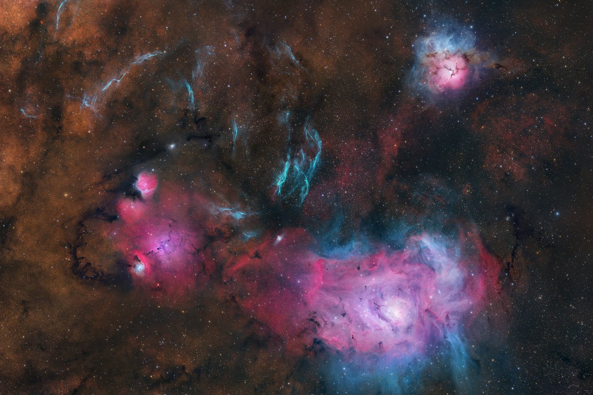 KriekCherry's tweet photo. Le trio M8, M20 et le SNR G007.5-01.7 dans la constellation du Sagittaire en HOO-RVB. Notre première lumière en remote depuis @starfront_obs avec la team F.A.C.T 🇨🇵 Our first light from @starfront_obs 🎉✨ https://t.co/L4JGagWzFD