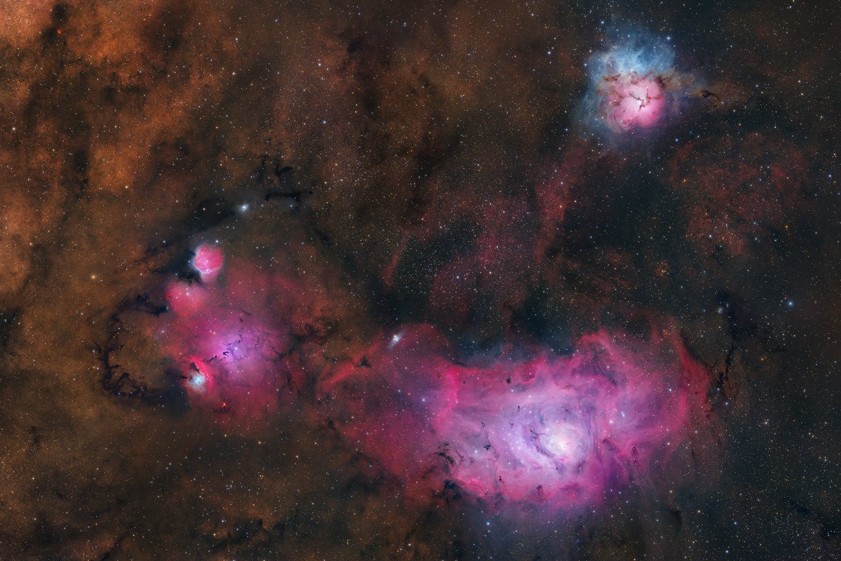 Le trio M8, M20 et le SNR G007.5-01.7 dans la constellation du Sagittaire en HOO-RVB. Notre première lumière en remote depuis <a href="/starfront_obs/">Starfront Observatories</a> avec la team F.A.C.T 🇨🇵 Our first light from <a href="/starfront_obs/">Starfront Observatories</a> 🎉✨