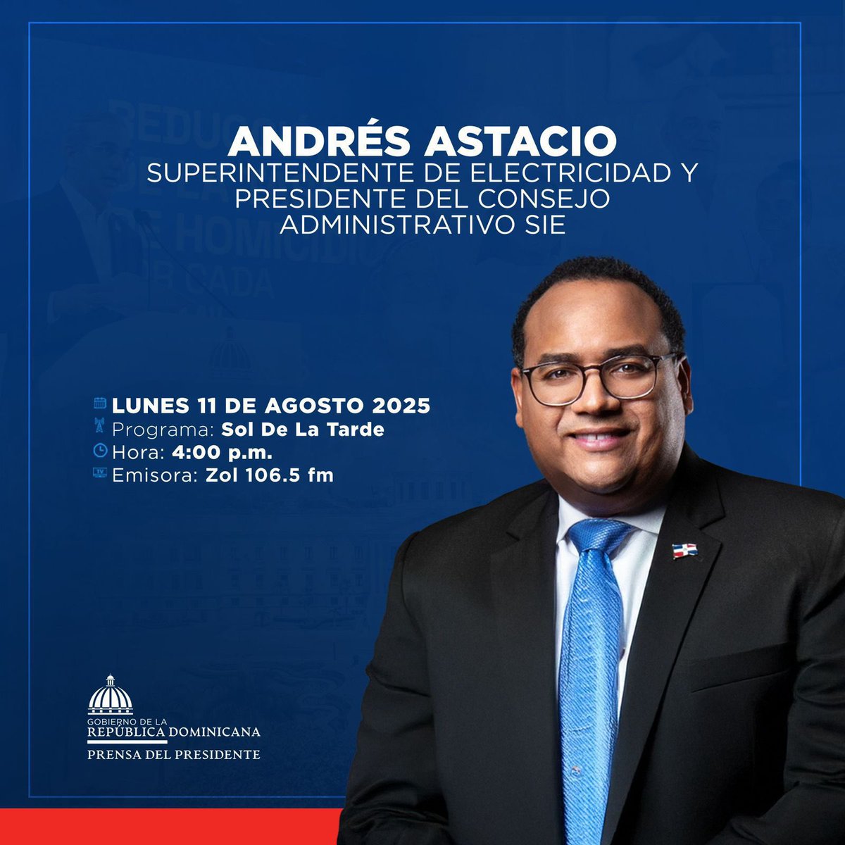 Mañana sintoniza El Sol de la Tarde por <a href="/ZOLFM1065/">ZOL 106.5 FM</a> y acompáñanos en una conversación interesante con el superintendente de electricidad <a href="/andresastacio79/">andres astacio</a> sobre temas clave del sector eléctrico nacional, responder inquietudes y compartir importantes actualizaciones. 

#SIERD