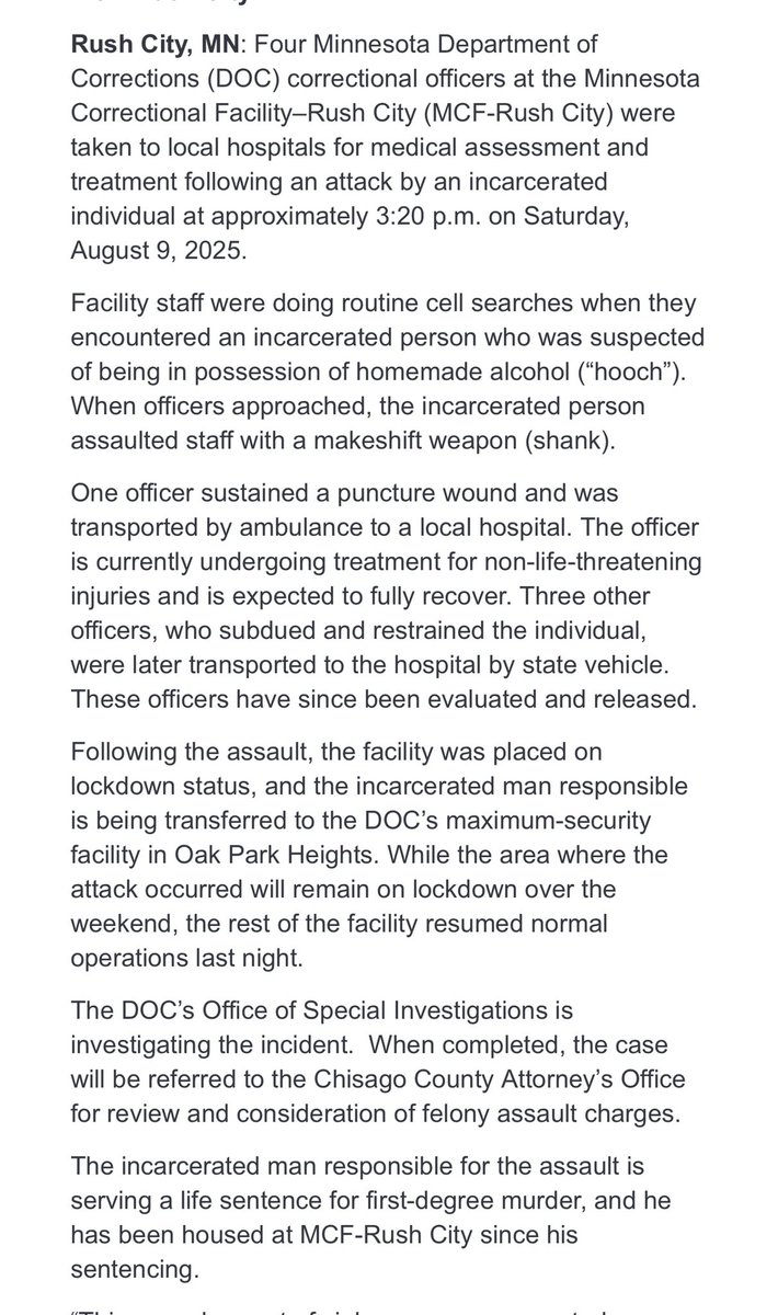 lizcollin's tweet image. Four correctional officers hurt after inmate used shank to attack one of them on Saturday, according to Minnesota Department of Corrections: