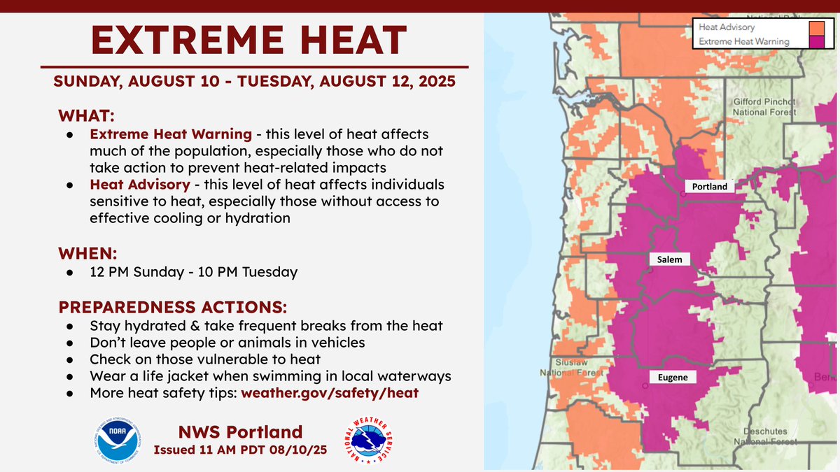 Reminder: An Extreme Heat Warning and Heat Advisory are in effect for much of the NW Oregon and SW Washington interior lowlands for Sunday through Tuesday. 
Forecast for your location ➡️ weather.gov/portland
Heat safety tips ➡️ weather.gov/safety/heat