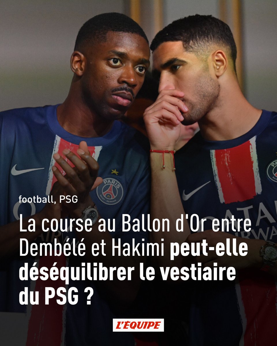 Les propos d'Achraf Hakimi sur le Ballon d'Or ont suscité des réactions en interne au PSG. La quête de la récompense individuelle, pour laquelle Ousmane Dembélé est l'un des favoris, peut-elle fragiliser l'équilibre au sein du vestiaire parisien ? l.lequipe.fr/xWK