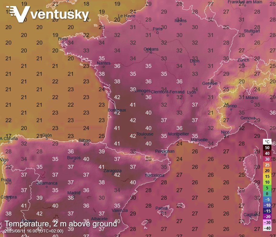 A significant heatwave is expected in Europe in the coming week. 🥵 As early as tomorrow, exceptionally hot air will move in from the Iberian Peninsula to southwestern France, where temperatures will exceed 40 °C (see the forecast image for tomorrow) ⚠️ In the following days, it