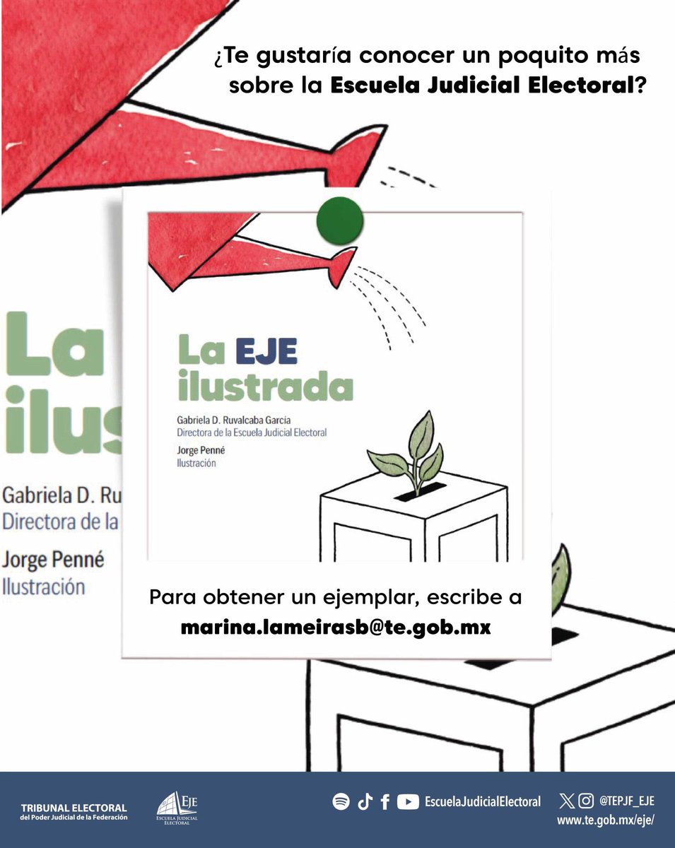 TEPJF_EJE's tweet photo. ¿Ya conoces #LaEJEilustrada?

Este libro muestra cómo la Escuela Judicial Electoral ha transformado la enseñanza del derecho electoral. Con ilustraciones, datos y experiencias, te invitamos a vivir la democracia.

📚 Descárgalo gratis https://t.co/0R5E6ohnkO @Perrovagabundo https://t.co/HiCxIluiAN