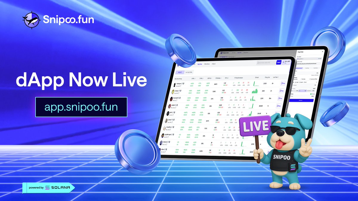 Snipoo_fun's tweet photo. The wait. is. over.
🔵 https://t.co/1DWkSjGKCc dApp is LIVE: https://t.co/uBErwfKNEX
Connect your own #Solana wallet, prepare some $SOL & start trading smarter with #Snipoo's 4 powerful modules:
📡 Trading Feed – Real-time buy/sell from top wallets & KOLs.
🎯 Copy Trade – Mirror winning wallets in one click.
🐋 Whale Moves – Highlight big-money flows, spot the next wave early.
🤖 AI Signal – AI-powered data driven trade alerts to catch alpha before the crowd.
Portfolio & Rewards loading 90%...⏳