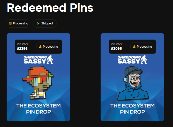 Redeemed my 2 fav pins via <a href="/TangibleClub/">Tangible</a> 

<a href="/re_generates/">re:generates</a> and <a href="/ShreddingSassy/">Shredding Sassy</a> go hard 🔥