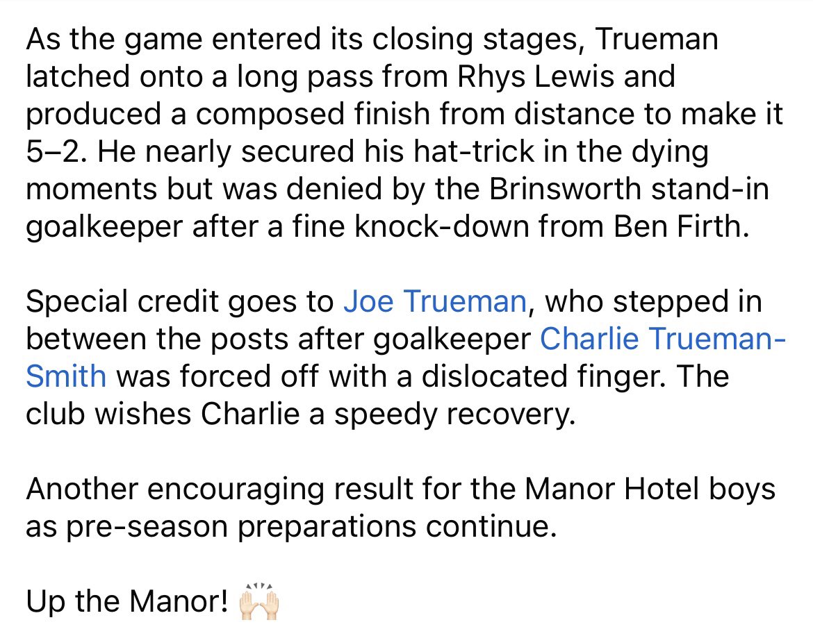 FULL TIME RESULT 

<a href="/fc_brinsworth/">Brinsworth fc</a> 2-5 Manor Hotel

Lads continue their unbeaten run in pre season with an away victory at Brinsworth. Plenty of minutes given to all squad members.

⚽️⚽️ Dev
⚽️⚽️ <a href="/TruemanJack/">Jack Trueman</a> 
⚽️ <a href="/Kane_Y99/">Kane Young</a> 
MOTM 🏆 Del Boy

#UTM | <a href="/Rdslfootball/">Rotherham And District Sunday League</a>