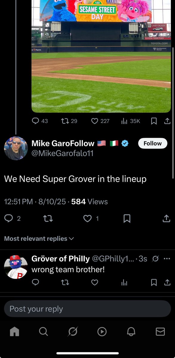 Brewers hosting Sesame Street day, and Mets fan says they need super Grover, I couldn’t resist!