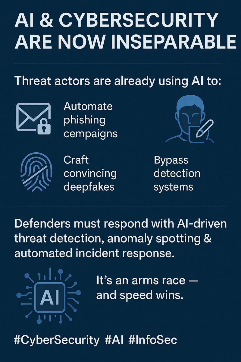 MarcelVelica's tweet photo. AI & Cybersecurity are now inseparable
Threat actors are already using AI to:
Automate phishing campaigns

Craft convincing deepfakes

Bypass detection systems

Defenders must respond with AI-driven threat detection, anomaly spotting & automated incident response.
It’s an arms race — and speed wins.

#CyberSecurity #AI #InfoSec