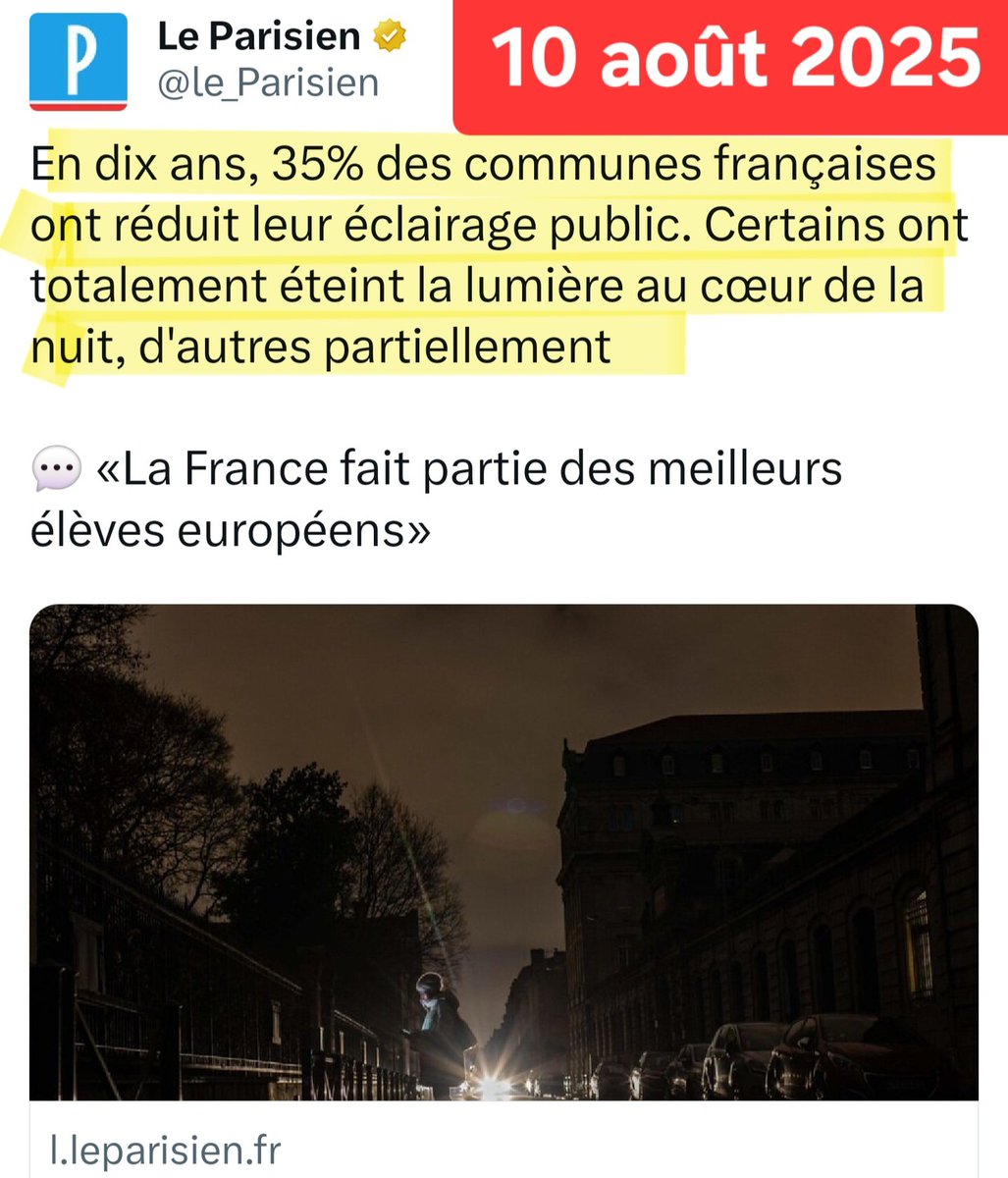 DÉCADENCE
▪️Dès 1885, les villages de France commencèrent à s'électrifier et à installer un éclairage public
▪️140 ans après, ils replongent dans la nuit au nom d'une pseudo-science malthusienne délirante, tandis que des millions de villages s'électrifient en Afrique et en Asie..
