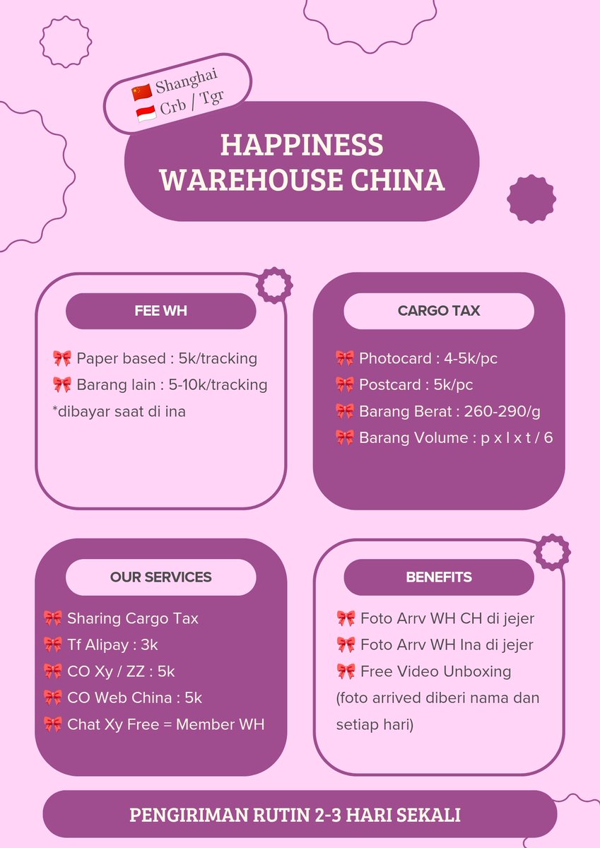 🌸 WAREHOUSE CHINA BY HAPPINESS 🌸

🎀 Free Join WH
🎀 Free Foto Arrived dibuka dan dijejer
🎀 Foto Arrived setiap hari (diberi nama)
🎀 Free Video Unboxing
🎀 Open Cobar POB, Maker China, Link Diskon Bar, dll
🎀 Pengiriman rutin (2-3 hari sekali)

📍Lokasi
🇨🇳 Shanghai
🇮🇩