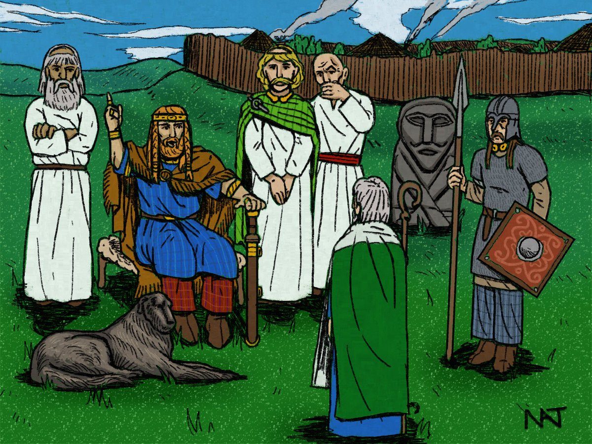 natevanart's tweet image. #Pagan High King Lóegaire mac Néill and his druids debate #StPatrick  at Tara #Ireland