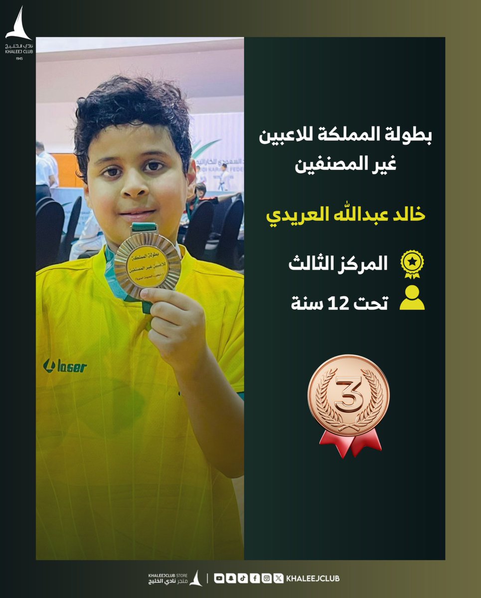 نبارك لإبطال نادي #الخليج حصولهم على عدة مراكز ببطولة الغير مصنفين لدرجة البراعم و الناشئين #بالمدينة_المنورة ٦ - ٩ / ٨ / ٢٠٢٥

البطل مشعل العنزي - مركز ثاني
البطل وليد المالكي - مركز ثاني
البطل أحمد سلامي - مركز ثالث
البطل عمر العنزي - مركز ثالث
البطل خالد العريدي - مركز ثالث