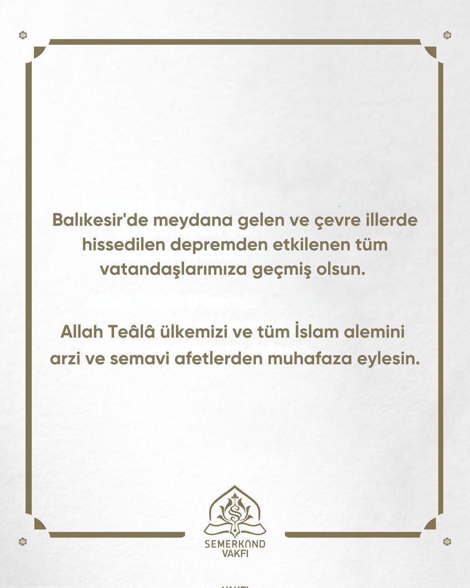Balıkesir'de meydana gelen ve çevre illerde hissedilen depremden etkilenen tüm vatandaşlarımıza geçmiş olsun. 

Allah Teâlâ ülkemizi ve tüm İslam alemini arzi ve semavi afetlerden muhafaza eylesin.