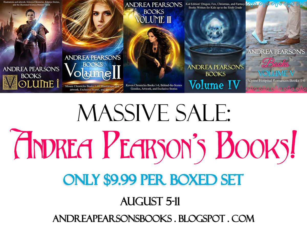andreapearson2's tweet image. The final stretch of my book sale! My 5 boxed sets are just $9.99 each (6+ books per set). Every sale helps cover emergency dental care for our kids. Buy 2+,  get an exclusive bonus bundle! andreapearsonsbooks.blogspot.com #BookFundraiser #BookSale #CleanReads #fantasybooks #urbanfantasy