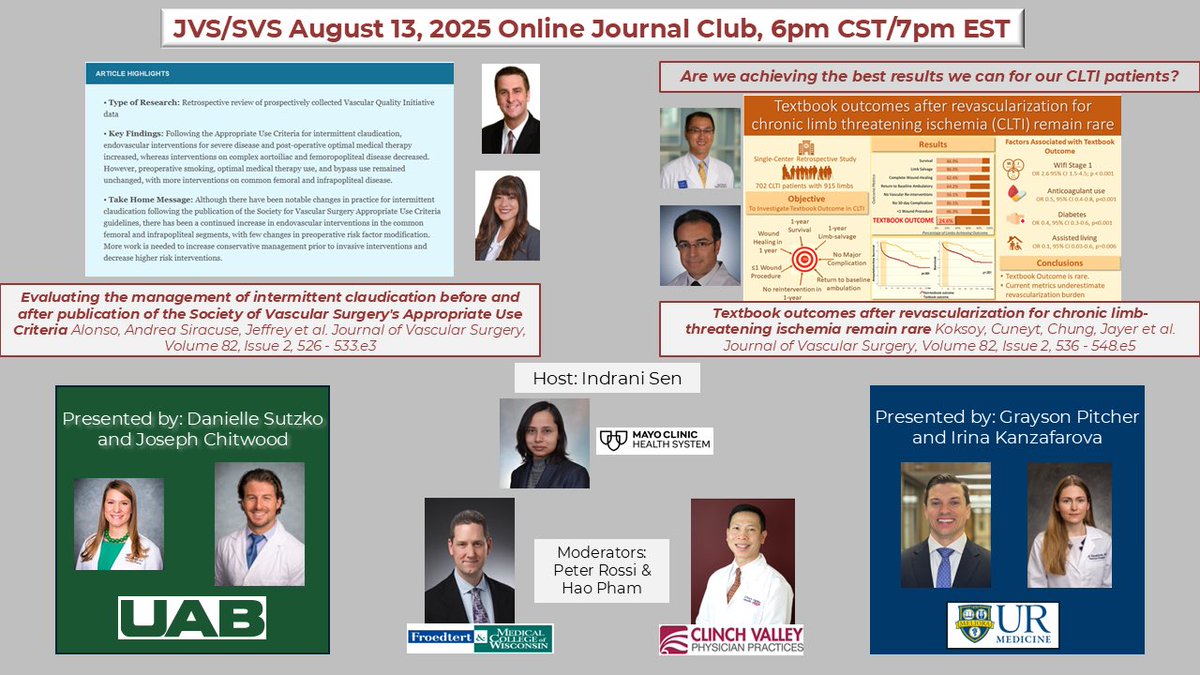 Journal of Vascular Surgery (@jvascsurg) on Twitter photo Online journal club this Wednesday August 13th featuring two new publications on management of PAD as CLTI. Join <a href="/UABVascular/">UAB Vascular Surgery</a> U. Rochester <a href="/MCWVascSurg/">MCW Vascular and Endovascular Surgery</a> <a href="/MayoVascSurgery/">Mayo Clinic Vascular and Endovascular Surgery</a>
Info and registration: vascular.org/vascular-speci… Online journal club this Wednesday August 13th featuring two new publications on management of PAD as CLTI. Join <a href="/UABVascular/">UAB Vascular Surgery</a> U. Rochester <a href="/MCWVascSurg/">MCW Vascular and Endovascular Surgery</a> <a href="/MayoVascSurgery/">Mayo Clinic Vascular and Endovascular Surgery</a>
Info and registration: vascular.org/vascular-speci…