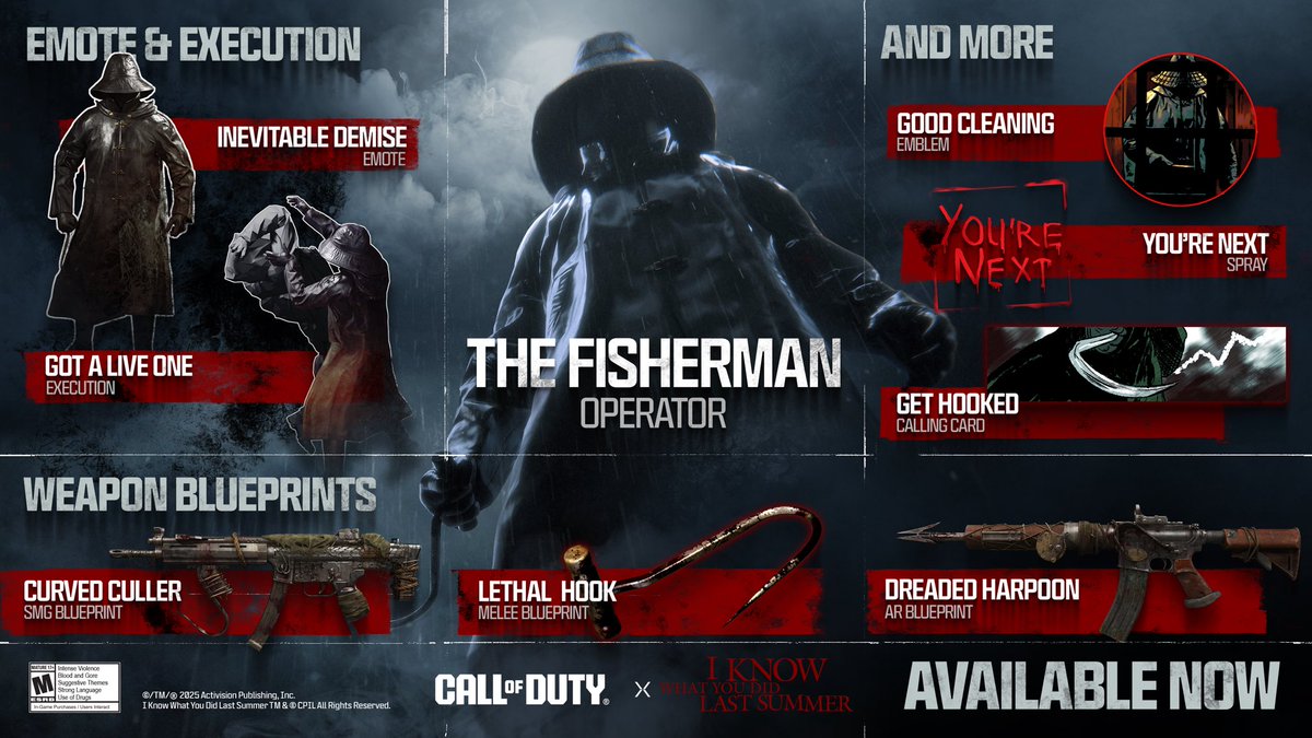 CallofDuty's tweet image. Dressed in black. Armed with a hook. A slasher joins the squad 🪝

The Fisherman from 'I Know What You Did Last Summer' joins Call of Duty to settle old scores.